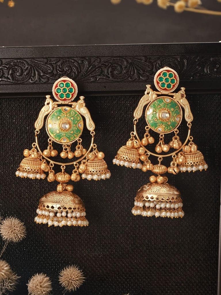 Gold Toned Kundan Studded Lightweight Designer Bridal Jhumka Earrings