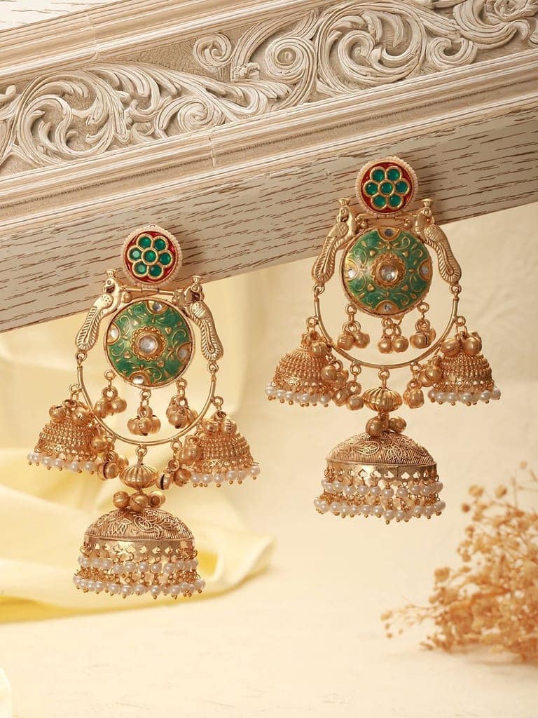 Gold Toned Kundan Studded Lightweight Designer Bridal Jhumka Earrings view 2