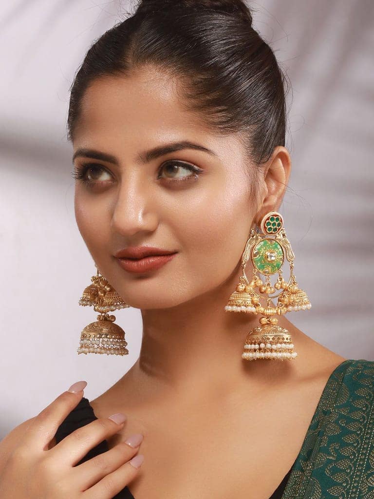 Gold Toned Kundan Studded Lightweight Designer Bridal Jhumka Earrings view 3