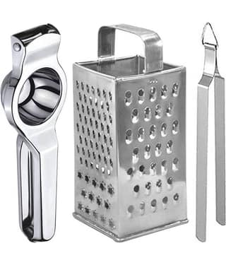 JISUN - Silver Stainless Steel Lemon Squeezer & 8 in 1 Grater & Roti Chimta ( Set of 3 )