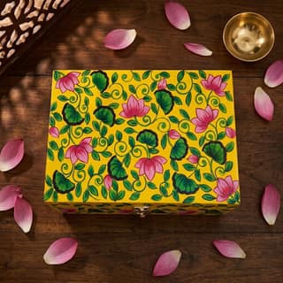 Hand Painted Pichwai Lotus Art Wooden Yellow Color Storage Box