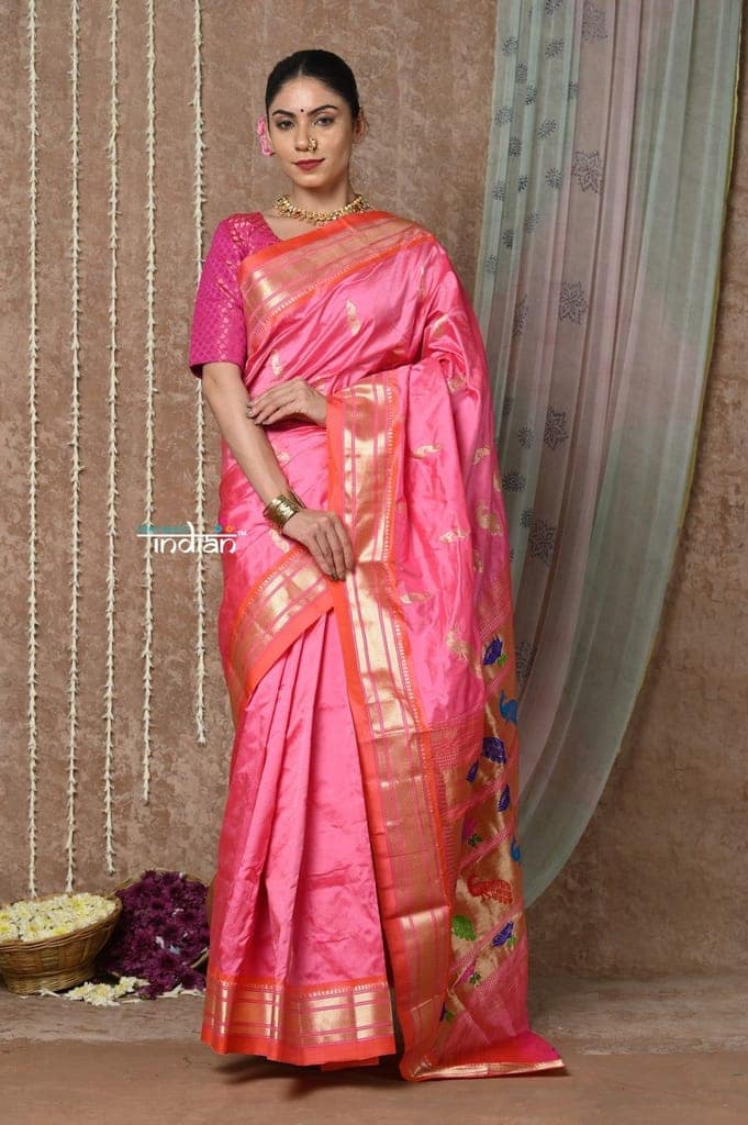 Tyohaar ~ Signature Weave! Handloom Pure Silk Paithani Saree with Handcrafted Peacock Lotus Pallu ~ Rouge Pink view 2