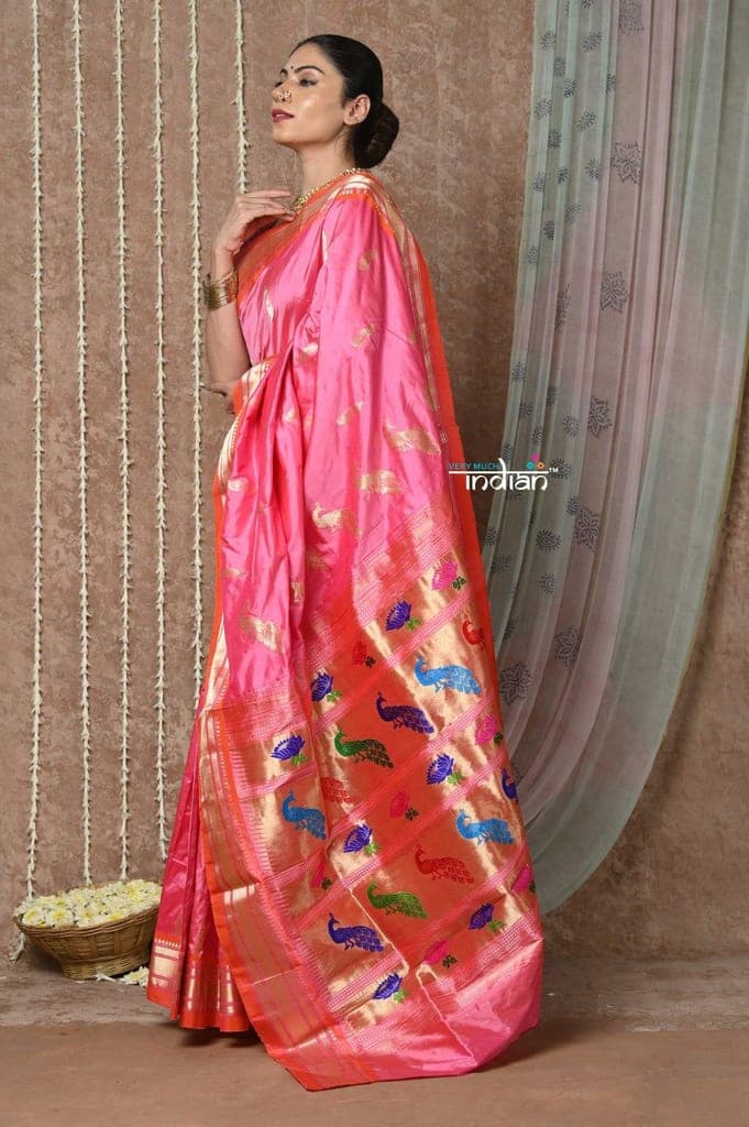 Tyohaar ~ Signature Weave! Handloom Pure Silk Paithani Saree with Handcrafted Peacock Lotus Pallu ~ Rouge Pink view 3