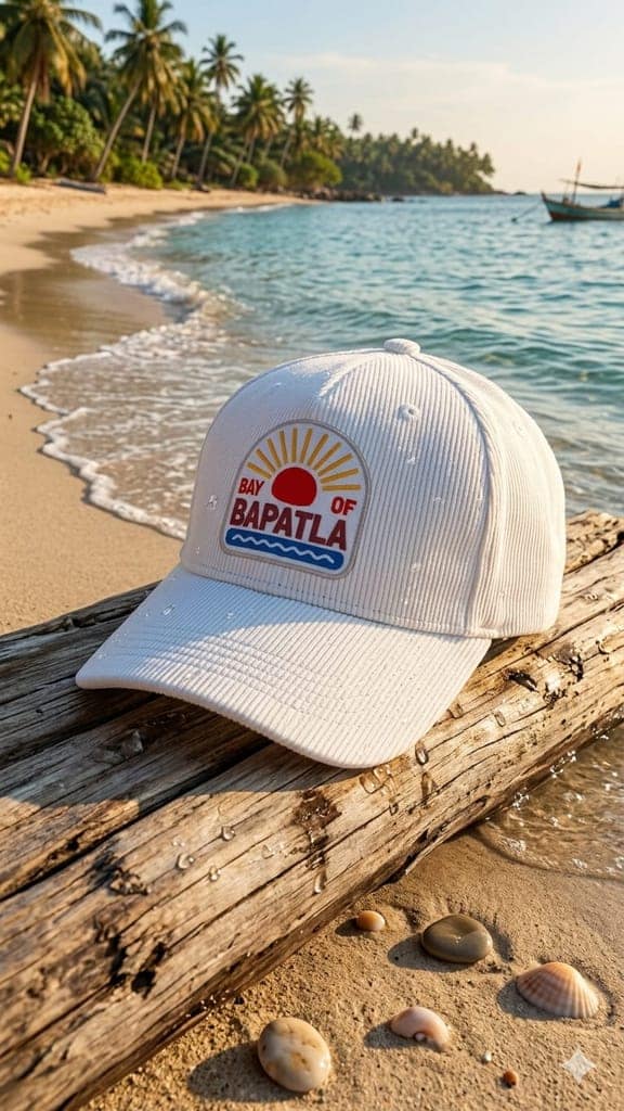 Bay of Bapatla White Corduroy Snapback Hat with Sun and Waves Patch view 3