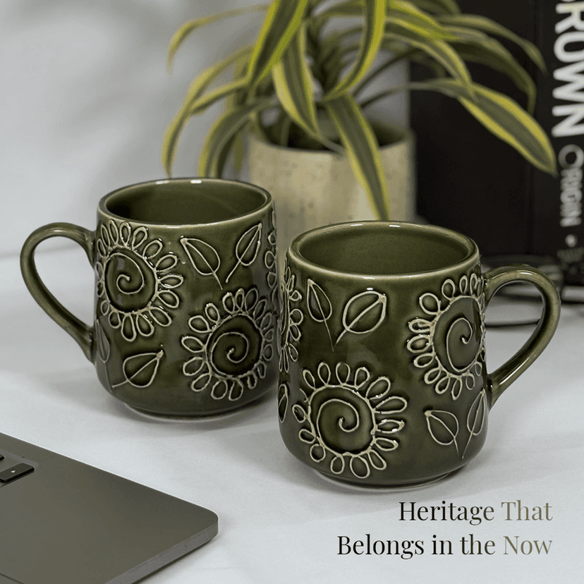 Heritales Olive Bloom Ceramic Mug for Coffee, Milk & Tea Lovers – 350 ML | Handcrafted in India | Vegan, Bone China-Free | Microwave, Dishwasher & Freezer Safe | Premium Artisanal Mug– Set of 2