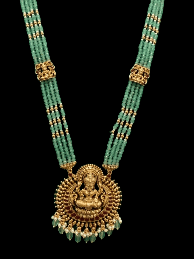 "Stunning Lakshmi Pendant Set with Green Beads and Pearl Drops" view 3
