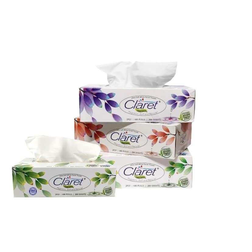 Claret 100% Virgin PULP Ultra Soft White Facial Tissue Box Hygienic Soft And Natural | Car Tissue Box| 4X100 Pulls 2 Ply (400 Pulls) 4 in 1 Pack