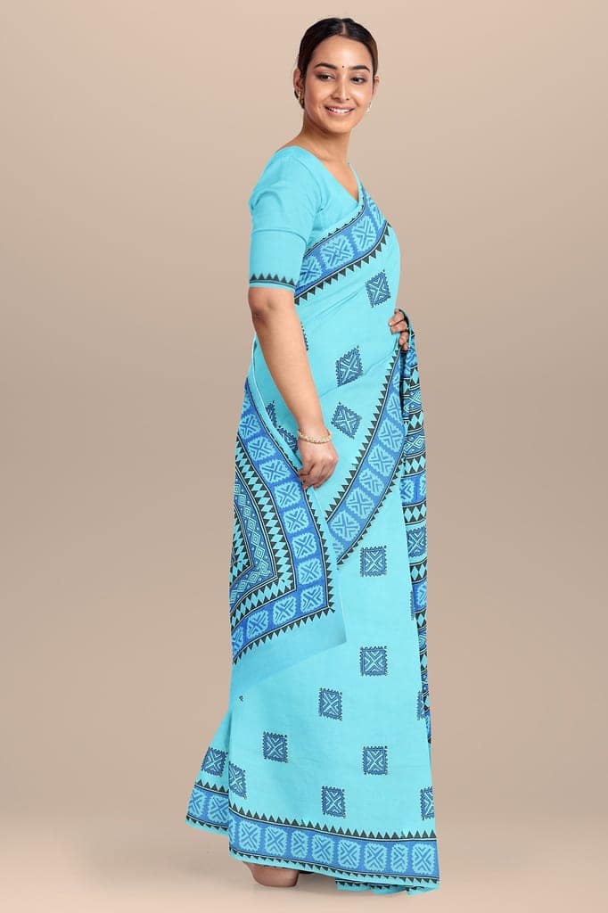 Turquoise Blue Tribal Motif Hand Block Print Malmal Cotton Saree SKU- AS10061 view 2