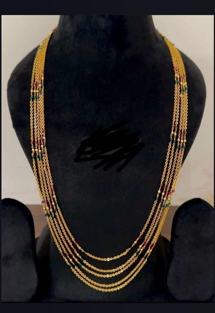 22K Gold Plated Long Chain Necklace with Ruby and Emerald Stones