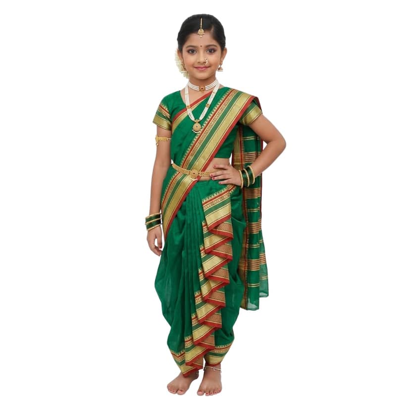 Mom and Me Girls' Ready-to-Wear Mastani Nauwari Saree with Stitched Blouse | Traditional Maharashtrian Ilkal Border | Soft Acrylic Cotton | Age 12 Months to 15 Years (Green, 10-11 Years)