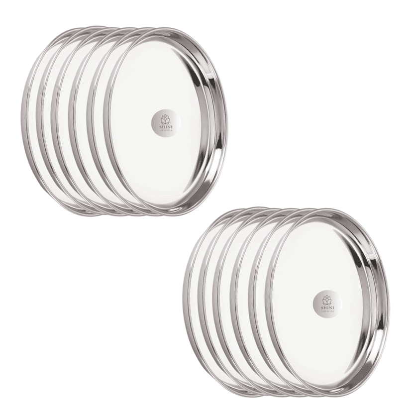 SHINI LIFESTYLE High Gloss Mirror Finish Bhojan Thali Set, Dinner Plates, Lunch Plate(Dia-30cm, 12Pc)