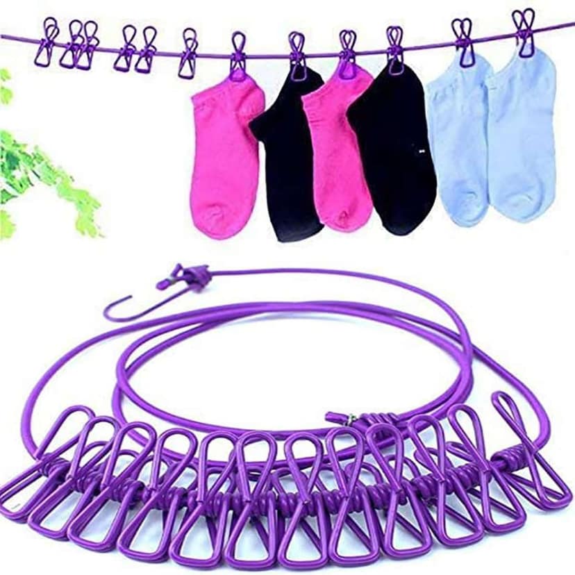 Qawvler Clothesline Stretchable Rope with 12 Pcs Cloth Pins Portable Multicolor (Pack of 1)