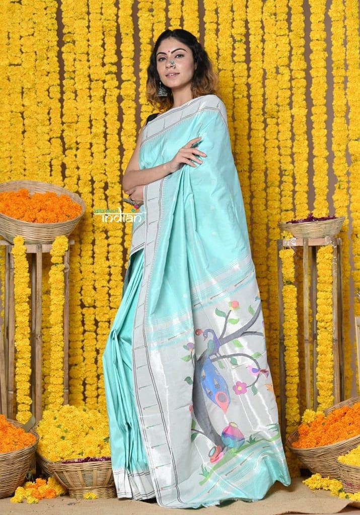 Rajsi~Handloom Pure Silk Muniya Border Paithani with Peacock Pallu ~ Soothing Seagreen view 4