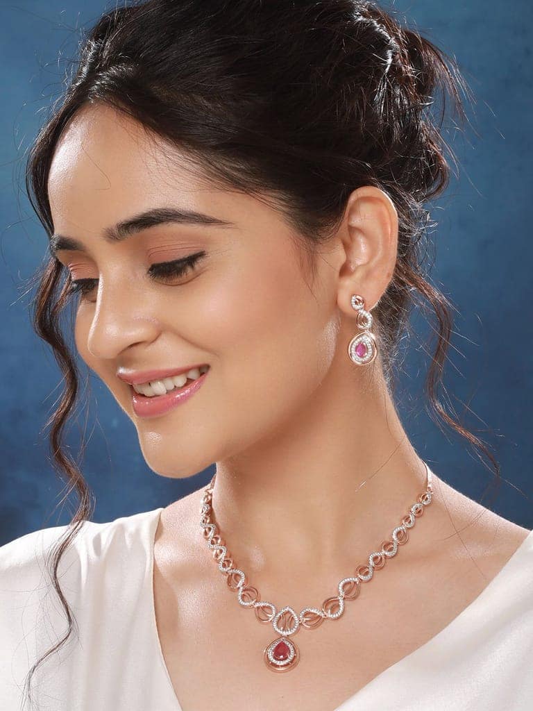 Rose Gold Plated Ruby AD Studded Pendant Jewellery Set