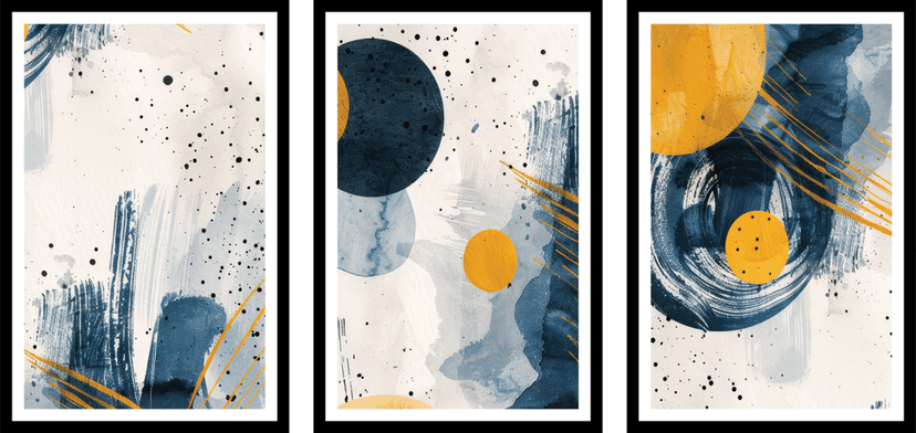 SET OF 3 ABSTRACT WATERCOLOUR PAINTINGS 48in X 24in WITH BLACK FRAME view 2