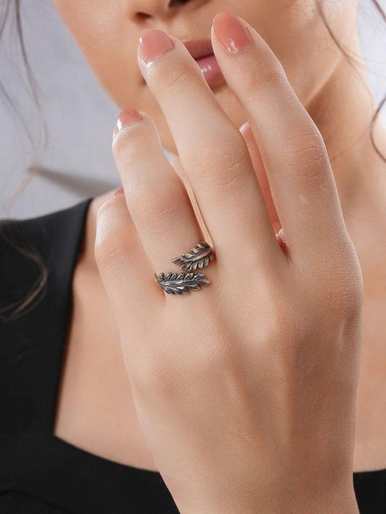 925 Sterling Silver Oxidised Dailywear minimal Leafy Adjustable Finger Ring view 7