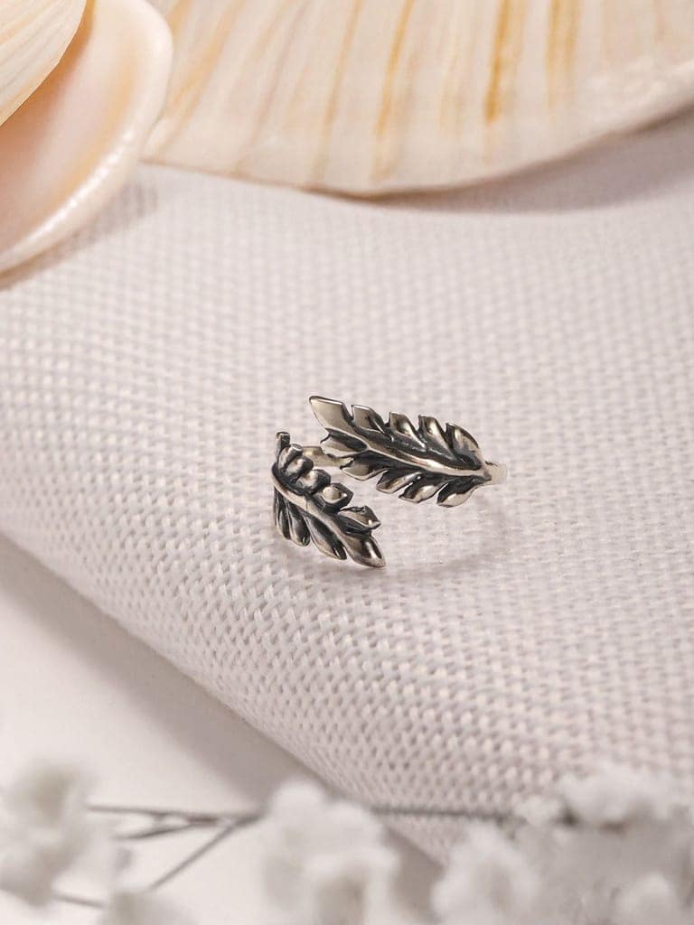 925 Sterling Silver Oxidised Dailywear minimal Leafy Adjustable Finger Ring view 9