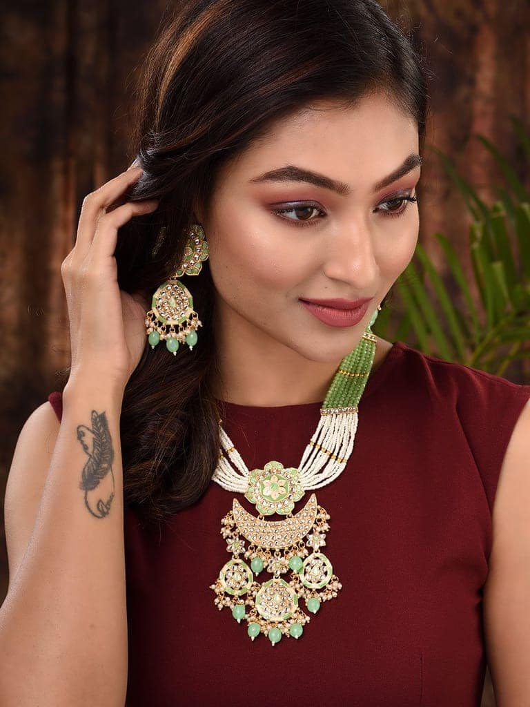 GoldPlated Mint AD & Kundan Stone Studded Necklace Jewellery Set view 2