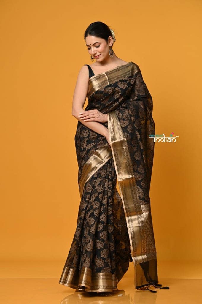 Param Sundari ~ Premium ~ Cotton Blend Handloom Banarasi saree ~ Black Gold