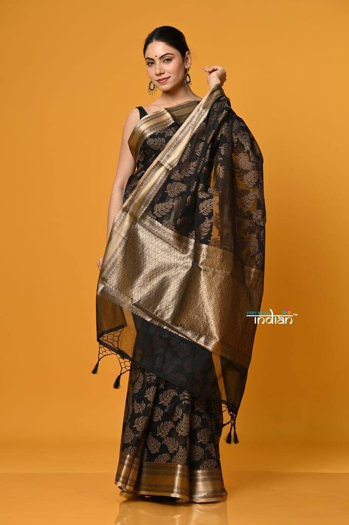 Param Sundari ~ Premium ~ Cotton Blend Handloom Banarasi saree ~ Black Gold view 2