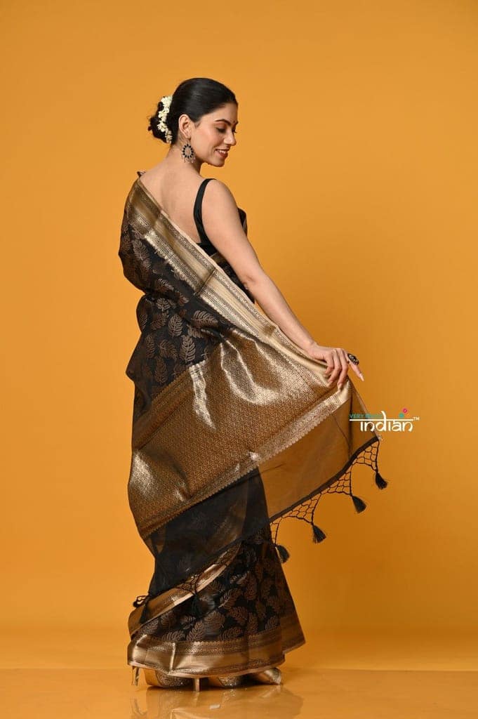 Param Sundari ~ Premium ~ Cotton Blend Handloom Banarasi saree ~ Black Gold view 3