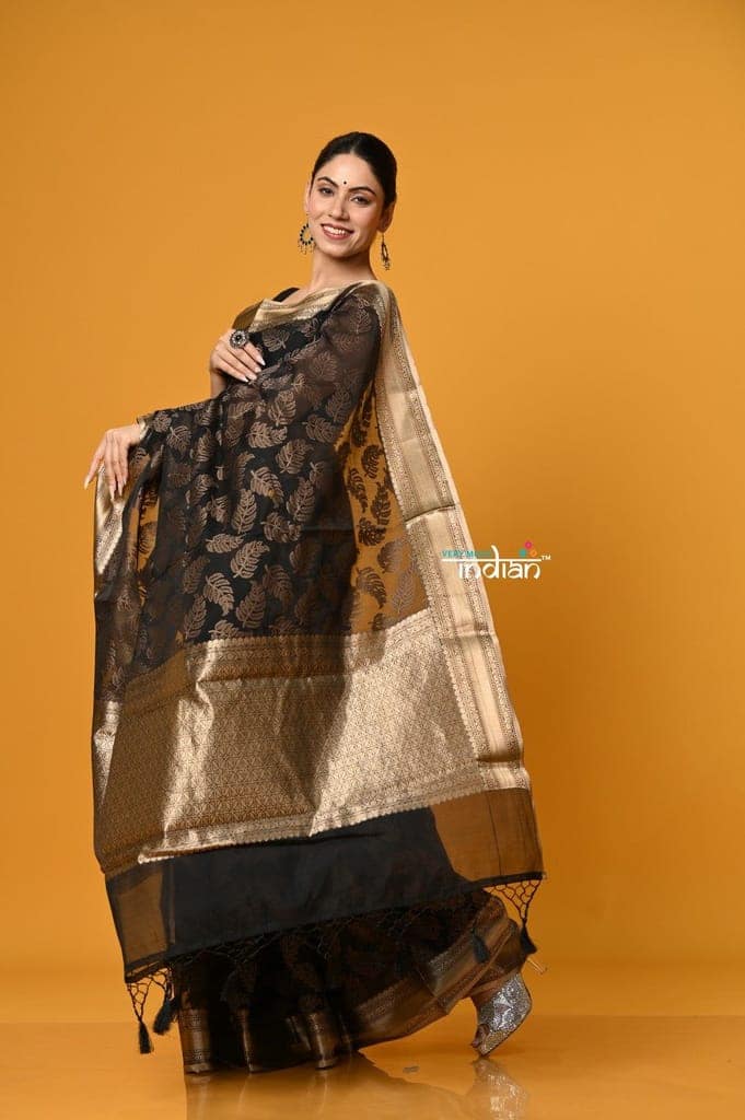Param Sundari ~ Premium ~ Cotton Blend Handloom Banarasi saree ~ Black Gold view 4