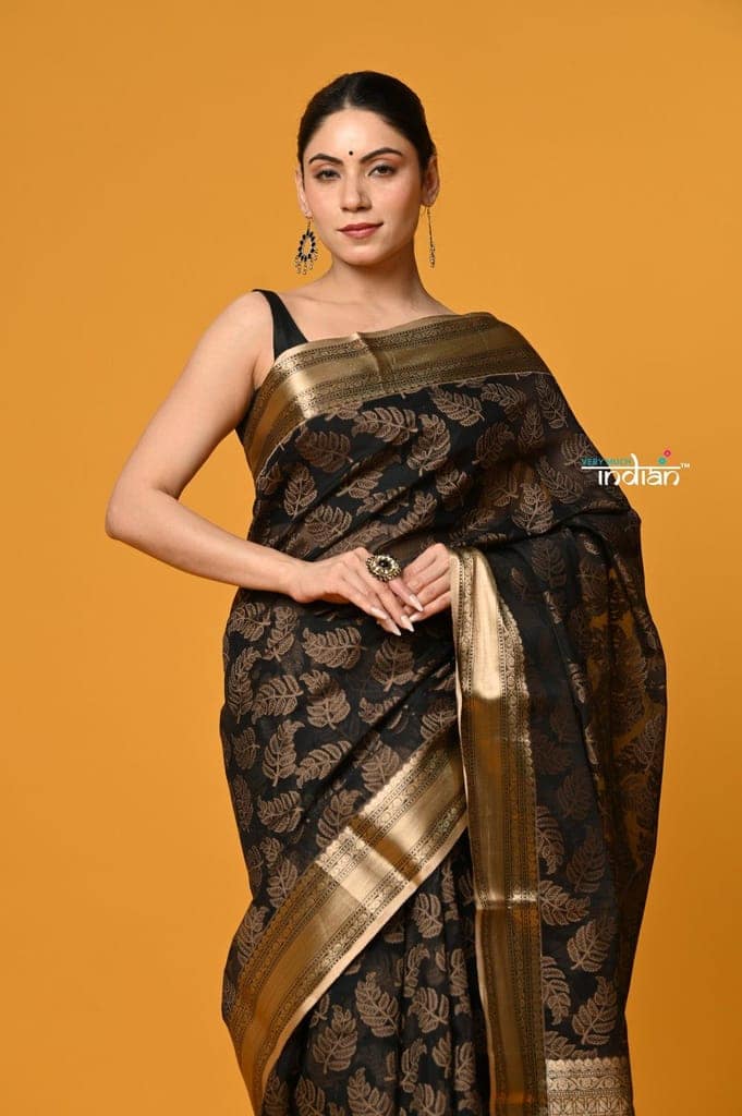 Param Sundari ~ Premium ~ Cotton Blend Handloom Banarasi saree ~ Black Gold view 5