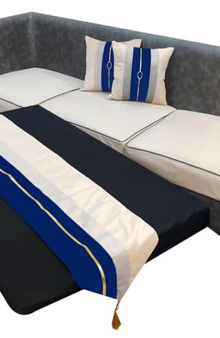 Blue Beige Gold Buckle Velvet 2 Cushion Covers and 1 Table Runner Combo Luxury Modern Pillow Cover Decorative Pillow for Sofa Living Room Bedroom |16X16 Inch Cushion Cover I 12 X 59 Inch Table Runner