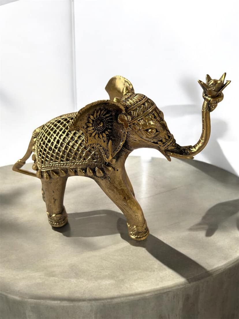 Golden Brass Elephant Figurine with Intricate Carvings