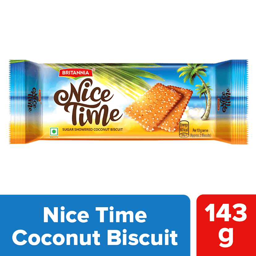 Britannia Nice Time Coconut Biscuit - Ready To Eat, Crunchy & Sweet, 143 G