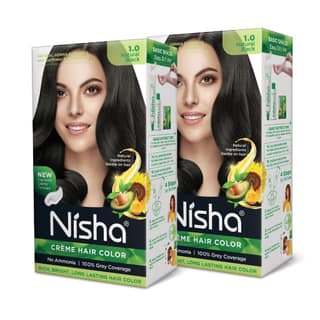 Nisha Creme Hair Color 1.0 Natural Black 120g Pack of 2, Permanent Hair Colour, No Ammonia, 100% Grey Coverage