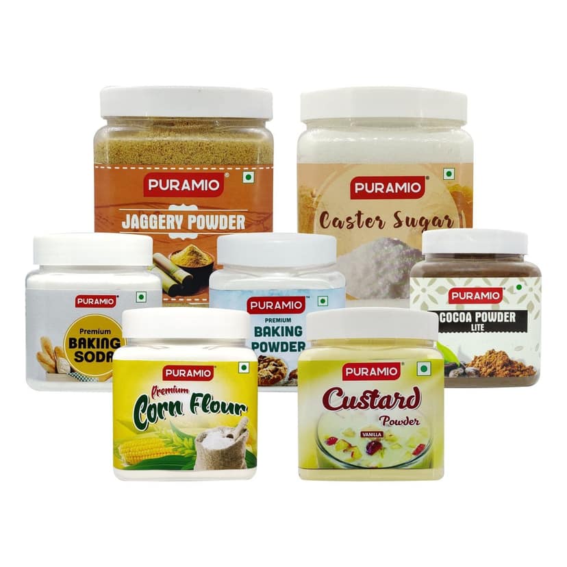 Puramio Home Essentials, (Baking Soda, 300 gm,Baking Powder, 300 gm,Corn Flour, 350 gm,Cocoa Powder Light, 250 gm,Jaggery Powder, 800 gm,Caster Sugar, 1 Kg,Custard Powder-Vanilla, 250 gm), Pack of 7