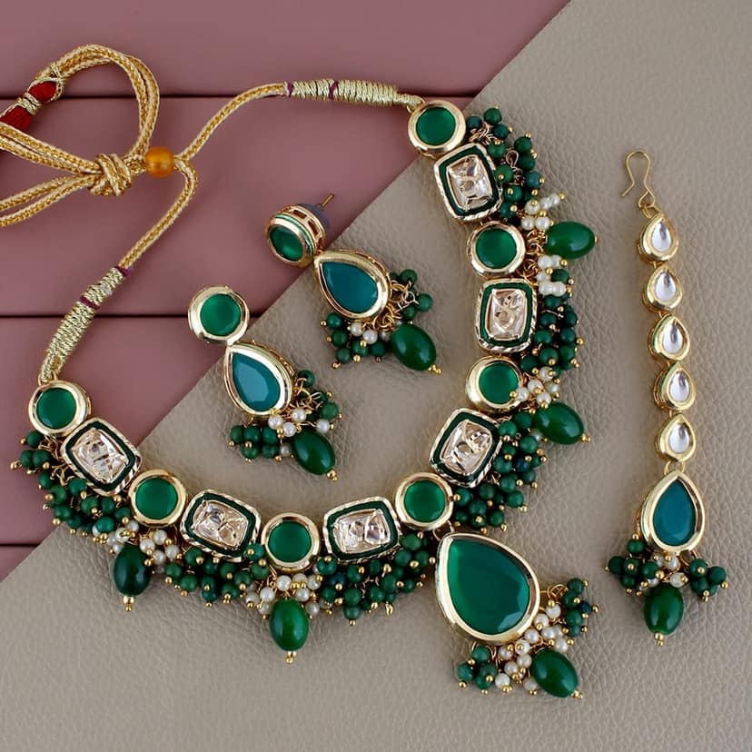 Lucky Jewellery Meenakari 18k Gold Plated Green Color Tika Earring Combo Uncut Big Faux Kundan Choker Necklace set (911-J5SK-1817-G)