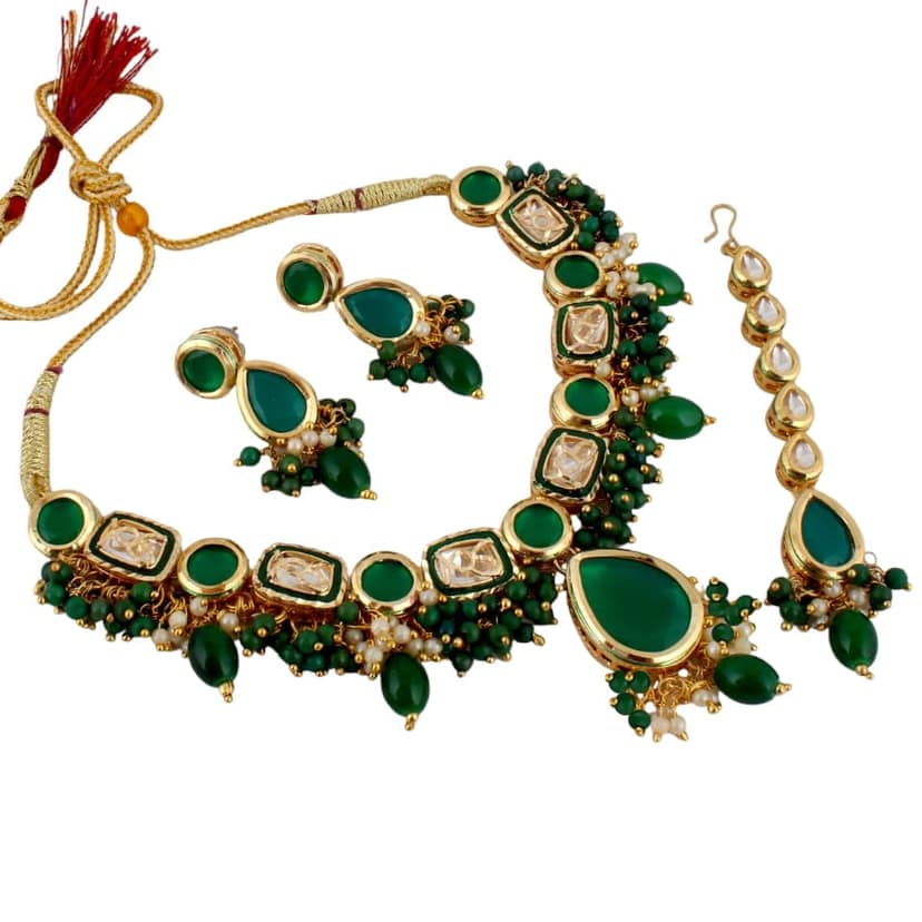 Lucky Jewellery Meenakari 18k Gold Plated Green Color Tika Earring Combo Uncut Big Faux Kundan Choker Necklace set (911-J5SK-1817-G) view 2