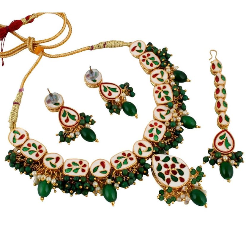 Lucky Jewellery Meenakari 18k Gold Plated Green Color Tika Earring Combo Uncut Big Faux Kundan Choker Necklace set (911-J5SK-1817-G) view 3