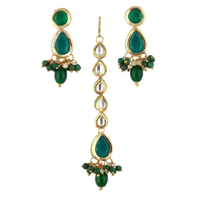 Lucky Jewellery Meenakari 18k Gold Plated Green Color Tika Earring Combo Uncut Big Faux Kundan Choker Necklace set (911-J5SK-1817-G) view 4
