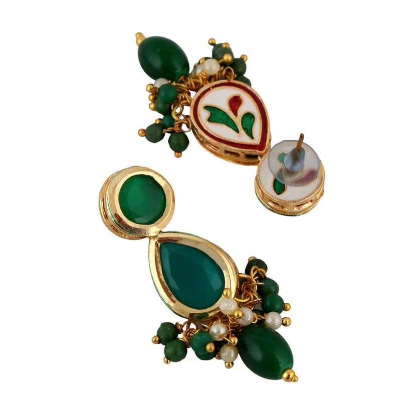 Lucky Jewellery Meenakari 18k Gold Plated Green Color Tika Earring Combo Uncut Big Faux Kundan Choker Necklace set (911-J5SK-1817-G) view 5