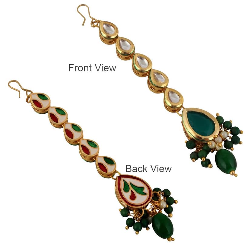 Lucky Jewellery Meenakari 18k Gold Plated Green Color Tika Earring Combo Uncut Big Faux Kundan Choker Necklace set (911-J5SK-1817-G) view 6