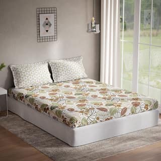 DDECOR - Optima Collection 100% Cotton Leaves Pattern 136 TC Queen Bedsheet |224 CM X 254 CM| Brown