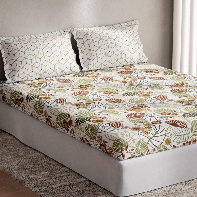 DDECOR - Optima Collection 100% Cotton Leaves Pattern 136 TC Queen Bedsheet |224 CM X 254 CM| Brown view 2