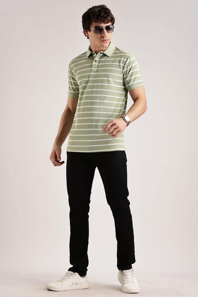 Pollycotton Light Green Striped Polo view 2
