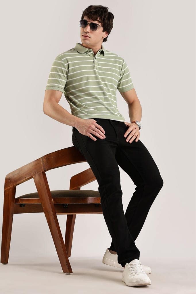Pollycotton Light Green Striped Polo view 5