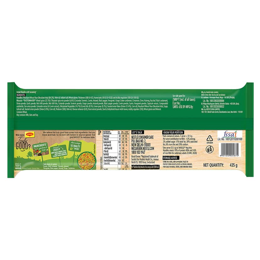 Maggi Nutri-Licious Masala Veg Atta Noodles - Herbs & Spice Blend, Iron & Fibre Rich, 435 G (Pack Of 6) view 2