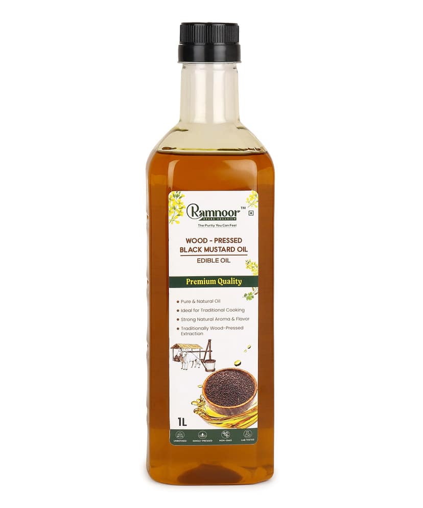 Ramnoor Pure Organic Wood Pressed Black Mustard Oil 1L | Kachi Ghani Cold Pressed Sarson Tel | Unrefined | Strong Aroma | Cooking & Pickle Oil