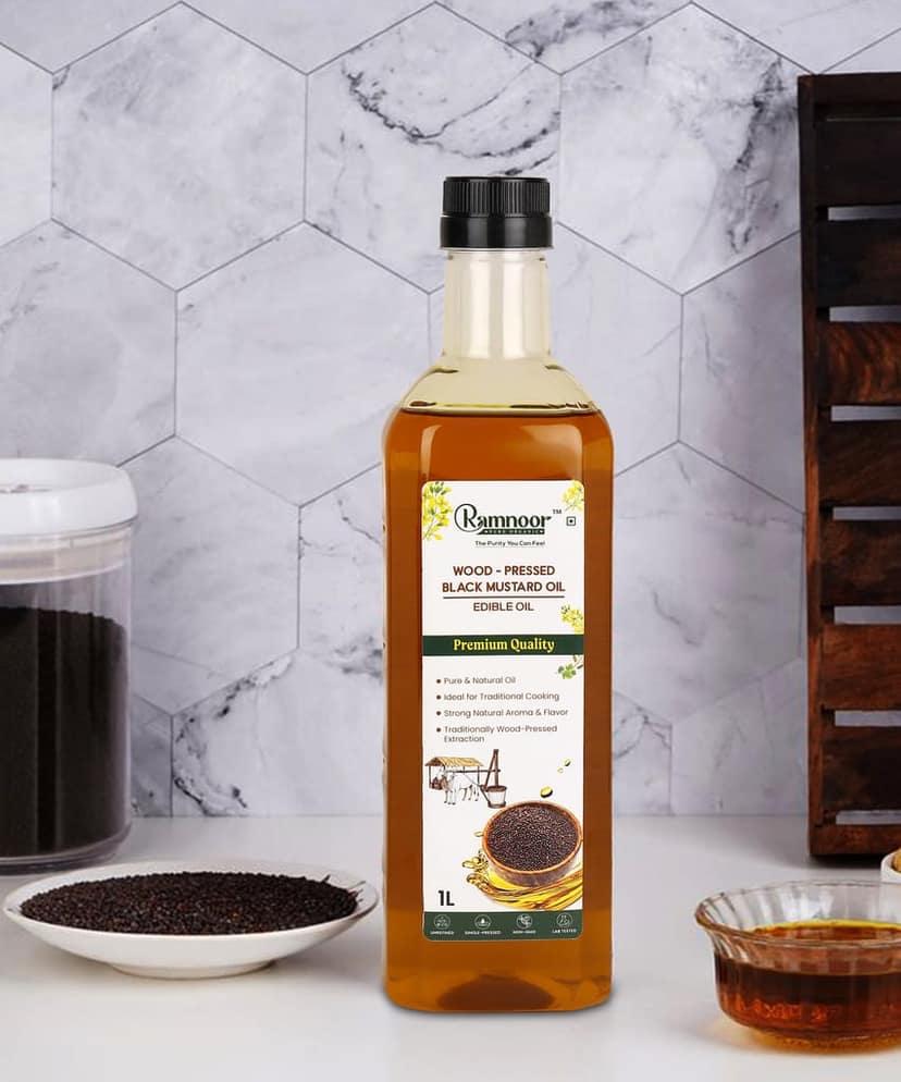 Ramnoor Pure Organic Wood Pressed Black Mustard Oil 1L | Kachi Ghani Cold Pressed Sarson Tel | Unrefined | Strong Aroma | Cooking & Pickle Oil view 3