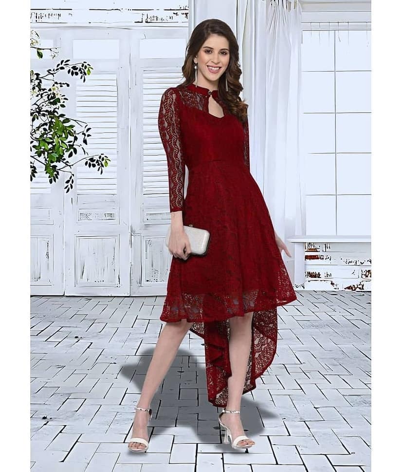 Hemang Fashion Women Net Self Design Asymmetric Dress ( Maroon )