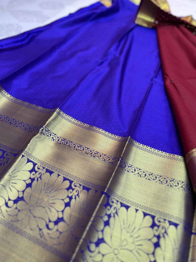 Maroon Color Long Border Saree with Gold Zari work Contrast Pallu and Plain Bordered Blouse view 2