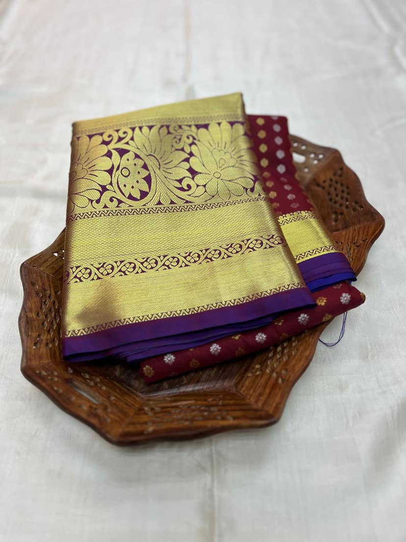 Maroon Color Long Border Saree with Gold Zari work Contrast Pallu and Plain Bordered Blouse view 3