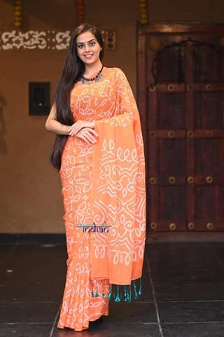 Anokhi~ Pure Cotton Tangerine Orange Handmade Barik(Tiny) Bandhani Saree