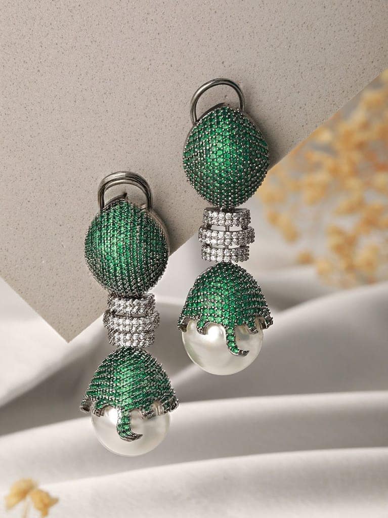 Green AD & Pearl Beaded Designer Luxe Drop Earrings view 5